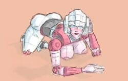 arcee arcee_(g1) ass ass_up breasts breasts_out cleavage glowing_eyes on_floor robot robot_girl robot_humanoid smirk transformers transformers_g1