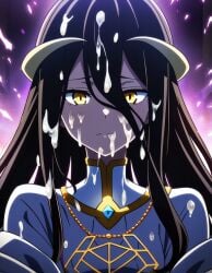 1girls a_lot_of_cum after_bukkake ai_generated albedo_(overlord) black_hair breasts bukkake closed_mouth clothed cum cum_in_mouth cum_on_body cum_on_face cum_on_hair cute cute_face female female_only horny horny_female long_hair looking_at_viewer morindar open_eyes overlord_(maruyama) yellow_eyes