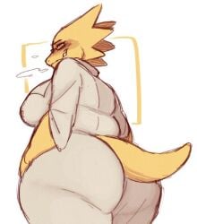 alphys anthro ass ass_focus averrbaverr big_breasts big_butt blush breasts breath clothing coat dinosaur eyewear female glasses grin hand_on_hip huge_butt lab_coat looking_at_viewer looking_back looking_back_at_viewer low-angle_view prehistoric_species reptile scalie side_boob simple_background smile solo topwear undertale_(series)