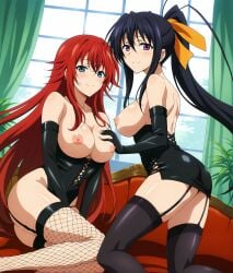 2females ai_generated akeno_himejima areolae big_ass black_clothing black_corset black_elbow_gloves black_hair black_latex black_lingerie black_skirt black_thighhighs corset couch curvy_female elbow_gloves erect_nipples female_only grabbing_another's_breast high_school_dxd large_breasts latex light-skinned_female lingerie long_hair red_hair rias_gremory short_skirt skirt thighhighs wakih yuri