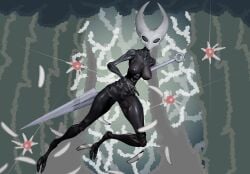 anthro arthropod black_body breasts detailed_background exoskeleton female hollow_knight hornet_(hollow_knight) looking_at_viewer nipples nude pussy solo stikcs team_cherry weapon