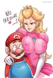 1boy 1girls blonde_hair blue_eyes blush covered_nipples dress earrings english_text flirting hat huge_breasts illumination_entertainment lips mario mario_(movie) mario_(series) moustache nintendo nipples_visible_through_clothing princess_peach princess_peach_(movie) riukyart riukykappa size_difference speech_bubble super_mario_bros. super_mario_bros._(2023_film) sweat taller_girl teasing universal_pictures universal_studios