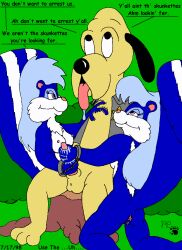 1998 anthro anus aroma_skunk balls beuford_bloodhound black_nose blue_body blue_fur bodily_fluids breasts canid canine canis clothed clothing cuff_(restraint) dialogue domestic_dog drooling english_text eyelashes female fluffy fluffy_tail fragrance_skunk fur genitals grass group handjob kthanid_(artist) male male/female mammal mephitid nipples nude open_clothing open_topwear open_vest outside penile penis pink_nose plant purple_eyes pussy restraints rutwell_forest saliva sex shrub skunk tail text tongue tongue_out toony topwear tree_stump trio vest