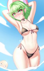 1boy 1girls :t alternate_breast_size anger_vein anisdrawn armpits arms_up ball bare_arms bare_shoulders beachball bikini black_bikini blue_sky blush breasts cloud commentary_request cowboy_shot curvy day female female_focus green_eyes green_hair highres large_breasts looking_at_viewer nose_blush one-punch_man outdoors saitama short_hair side-tie_bikini_bottom sky solo_focus standing stomach swimsuit tatsumaki thighs thong_bikini wide_hips