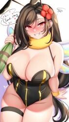 1girls anisdrawn bee_costume bee_wings black_leotard blush bottle breasts cleavage curvy drunk earrings english_text female final_fantasy final_fantasy_vii final_fantasy_vii_remake flower grin groin hair_flower hair_ornament hiccup highres holding holding_bottle horny_female insect_wings jewelry large_breasts leotard long_hair red_eyes red_flower sitting skindentation smile solo speech_bubble thigh_strap tifa_lockhart very_long_hair white_background wings