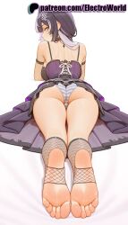 1girls 2025 ai_generated artist_name ass bare_shoulders barefoot black_hair dress electroworld feet feet_fetish female fishnet_legwear fishnets foot_fetish foot_focus hi_res high_quality high_resolution highres hololive long_hair looking_at_viewer multicolored_hair panties patreon patreon_username purple_dress shiori_novella soles stable_diffusion streaked_hair toes underwear virtual_youtuber vtuber watermark yellow_eyes