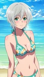 beach cleavage kikuchi_fuuka medium_breasts short_hair silver_hair string_bikini