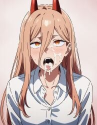 1girls ahe_gao ai_generated blonde_hair chainsaw_man cum cum_in_mouth cum_on_face cum_on_tongue drooling drooling_cum drooling_tongue female female_only horn horns horny morindar power_(chainsaw_man) red_horns shirt tongue tongue_out white_shirt