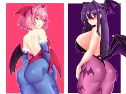 2girls annoyed annoyed_expression ass ass_focus back_view big_ass big_breasts blush breasts cosplay darkstalkers demon demon_girl demon_wings doki_doki_literature_club female female_only flat_chest fur_trim gabrielvizari head_wings huge_ass huge_breasts large_ass large_breasts lilith_aensland lilith_aensland_(cosplay) looking_at_viewer morrigan_aensland morrigan_aensland_(cosplay) multiple_girls natsuki_(doki_doki_literature_club) pink_eyes pink_hair purple_eyes purple_hair round_ass shy tight_clothing wings yuri_(doki_doki_literature_club)