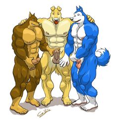 abs balls blitz_(road_rovers) blue_fur brown_fur chestnuts_(artist) exile fur furry_tail handjob hunter_(road_rovers) male male_only masturbation multiple_males muscles nude penis road_rovers standing tagme tail