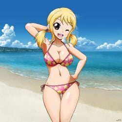 1girls artist_request beach bikini blonde_hair boobs breasts brown_hair fairy_tail female female_only female_solo lucy_heartfilia seaside solo solo_female solo_only tagme