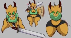 1girls 2024 antennae_(anatomy) anthro arthropod arthropod_abdomen band-aid band-aid_on_face bandage bandage_on_face barefoot bee belly big_belly big_breasts blush blush_stickers bottomwear breasts brown_body cleavage clothed clothed_anthro clothed_female clothing clover_(dewwydarts) clover_(dewwydartz) dewwydarts dewwydartz feet female green_clothing green_eyes green_shirt green_topwear grey_background heart_symbol holding_melee_weapon holding_object holding_sword holding_weapon huge_thighs hymenopteran insects looking_at_viewer melee_weapon multicolored_body overweight overweight_anthro overweight_female shirt shorts simple_background solo sword tagme thick_thighs topwear two_tone_body waving_hand weapon wide_hips yellow_body