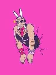 baggy_eyes bald bara body_hair bondage_gear bunny_ears bunnysuit clothed embarrassed eyebrow_piercing hairy_arms hairy_chest looking_at_viewer male_only meme muscular old_man older_male rabbit_ears rabbit_hole_(deco*27/caststation) rabbit_hole_(vocaloid) receding_hairline ribbons scars scars_on_arm specimen_12 spooky's_house_of_jump_scares spooky's_jump_scare_mansion stuck_in_wall tear_(marking) tie