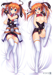 blue_eyes blush breasts breasts_out cross_mirage dakimakura derringer dual_wielding gloves gun hair_ribbon handgun leg_lift lying lyrical_nanoha mahou_shoujo_lyrical_nanoha mahou_shoujo_lyrical_nanoha_strikers nipples on_back open_clothes open_mouth open_shirt orange_hair panties pussy ribbon saliva shirt short_hair short_twintails teana_lanster thighhighs tied_hair twintails uncensored underwear vivi_(dakemakura) weapon