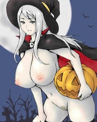 1girls bat bottomless breasts cape costume curvy female grave grey_eyes halloween hat holidays inomaru large_breasts long_hair lowres moon night nipples pale_skin pubic_hair pumpkin skull solo tree white_hair witch_hat