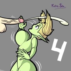 big_breasts big_penis blonde_female blonde_hair blonde_hair_female breasts cum cumming cumshot dodge goblin goblin_female green_skin green_skinned_female huge_breasts kairasin nipples off_screen_male_character offscreen_character offscreen_male penis twintails unwanted_cumshot white_penis