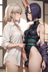 1futa 1girls 2girls ai_generated bangs bare_shoulders blue_eyes blush bob_cut breasts erection fate_(series) foreskin futa_with_futa futanari green_eyes grin headpiece horns indoors japanese_clothes kimono large_penis large_testicles leotard looking_at_another makeup multiple_girls multiple_penises obi off_shoulder okita_souji_(fate)_(all) oni oni_horns open_kimono penis penises_touching purple_eyes purple_hair sash see-through shirt short_hair short_kimono shouji shuten_douji_(fate) skin-covered_horns sliding_doors smile testicles uncensored veins veiny_penis white_kimono white_shirt window