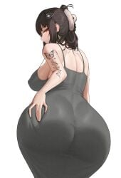 1girls arm_tattoo ass back_view big_ass big_breasts big_butt black_hair breasts bubble_butt curvy d_(killer_wife)_(nikke) d_(nikke) dress erufura fat_ass female female_only goddess_of_victory:_nikke grabbing_own_ass grey_dress hair_ornament hairclip hand_on_own_ass huge_ass large_ass large_breasts light-skinned_female light_skin looking_at_viewer looking_back red_eyes simple_background solo tattoo voluptuous white_background wide_hips