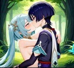 1boy 1girls ai_generated blue_hair clothed_male_nude_female faruzan_(genshin_impact) female genshin_impact hugging kissing long_hair making_out male male/female nude nude_female_clothed_male scaramouche_(genshin_impact) straight tagme topless