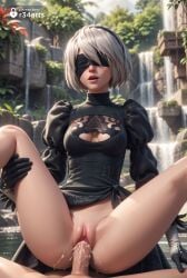 1boy 1boy1girl 1girls 2b_(nier:automata) ai_generated artist_name black_blindfold black_dress black_gloves black_hairband blindfold breasts cleavage cleavage_cutout clothing_cutout covered_eyes cum cum_in_pussy dress feather-trimmed_sleeves gloves hairband hi_res medium_breasts mole mole_under_mouth nier:_automata nier_(series) nier_replicant outdoors patreon_username penis pussy r34arts sex short_hair solo_focus spread_legs straight uncensored vaginal_penetration vaginal_penetration vaginal_sex water waterfall white_hair yorha_2b