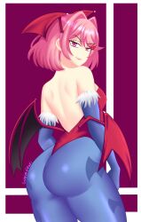 1girls annoyed annoyed_expression ass ass_focus back_view big_ass breasts cosplay darkstalkers demon demon_wings doki_doki_literature_club female female_only fur_trim gabrielvizari head_wings large_ass lilith_aensland lilith_aensland_(cosplay) looking_at_viewer natsuki_(doki_doki_literature_club) pink_eyes pink_hair round_ass tight_clothing wings