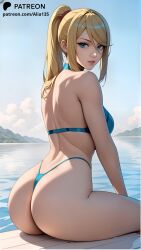 1girls 9:16 ai_generated alia_nsfw artist_name bare_arms bare_thighs beach bikini blonde_hair blue_eyes clouds daytime feet_out_of_frame female female_only from_behind long_hair looking_back metroid nintendo outdoors outside patreon patreon_url ponytail samus_aran sand sitting solo swimsuit two-piece_swimsuit water