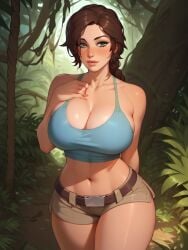 11_22 1girls abs ai_generated blue_eyes blue_shirt blush braid brown_hair cleavage dark_hair green_eyes hand_on_own_chest huge_breasts jungle lara_croft large_breasts looking_at_viewer ponytail short_shorts standing tank_top thick_thighs tomb_raider wide_hips