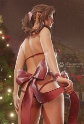 1girls 3d aerith_gainsborough brown_hair christmas christmas_tree elenachatnoir female female_focus final_fantasy final_fantasy_vii final_fantasy_vii_rebirth final_fantasy_vii_remake gift_wrapped green_eyes hourglass_figure light-skinned_female solo_female wrapped