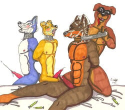 2010 abs anthro blitz bound cum exile felixpath_(artist) furry furry_only hunter_(road_rovers) male male_only multiple_males muzzle_(road_rovers) no_humans nude penis road_rovers sitting what yaoi