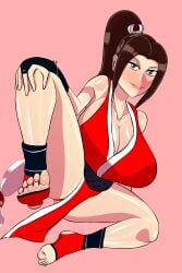 banditk big_breasts big_thighs blush blushing_at_viewer blushing_female dark_hair fatal_fury feet female_ninja foot_fetish footwear king_of_fighters kunoichi long_legs mai_shiranui ninja ninja_girl one_leg_up pin_up pink_lips ponytail snk snk_heroines:_tag_team_frenzy street_fighter_6 thick_thighs toeless_footwear toeless_legwear toes toes_spread