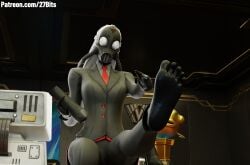 27bits chaos_director_(fortnite) feet female foot_fetish fortnite gas_mask mask masked_female soles suit toes