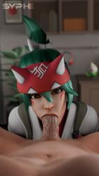 1boy 1boy1girl 1girls 3d big_cock big_penis blizzard_entertainment blowjob blowjob_face brown_eyes clothed clothed_female clothed_female_nude_male cock dick eye_contact fellatio female female/male female_focus green_hair headgear headwear japanese_female kiriko_(overwatch) kunoichi light-skinned_male male male/female oral oral_sex overwatch overwatch_2 penis ponytail pov pov_eye_contact syphe veiny_penis woman_focus