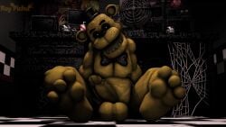 2024 3_toes 3d_(artwork) anthro balls bear black_bow_tie black_clothing black_hat black_headwear black_nose black_sclera bow_tie clothing digital_media_(artwork) dr.ivopingasnik electric_fan erection feet five_nights_at_freddy's floor front_view fur genitals glans golden_freddy_(fnaf) green_body green_fur green_glans green_inner_ear green_nipples green_penis hat headgear headwear humanoid_genitalia humanoid_penis inside looking_at_viewer male male_only mammal mostly_nude nipples on_ground open_mouth oscillating_fan penis roythepichu scottgames solo spider_web tile tile_floor toes top_hat white_eyes yellow_balls yellow_body yellow_fur