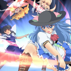 4girls black_hair blonde_hair blue_hair bow dildo drill_hair hairbow hat long_hair luna_child multiple_girls peach_(fruit) red_eyes short_hair star_sapphire sunny_milk sword sword_of_hisou tenshi_hinanawi tied_hair touhou twintails wancozow weapon when_you_see_it wings