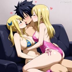 ai_generated black_hair blonde_hair couple fairy_tail gray_fullbuster identical_twins kissing lucy_heartfilia non_canon romantic_couple twin_sisters