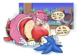 1boy 1girls amy_rose anthro ass belly blue_hair blush blush_lines bracelet breasts crushing dress english_text eyelashes fat female female_focus furry gloves green_eyes green_hill_zone hairband hedgehog hedgehog_humanoid hips large_ass large_breasts male on_top on_top_of_another overweight overweight_female panties pink_hair rchammer sega sonic_(series) sonic_the_hedgehog sonic_the_hedgehog_(series) stomach sweat sweating sweaty_body text thick_thighs thighs underwear wide_hips