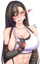 anisdrawn black_gloves black_hair breasts commentary crop_top elbow_gloves female final_fantasy final_fantasy_vii fingerless_gloves gloves grin head_tilt highres large_breasts long_hair looking_at_viewer midriff navel one_eye_closed red_eyes simple_background smile solo stomach tank_top tifa_lockhart toned toned_female upper_body very_long_hair white_background white_tank_top