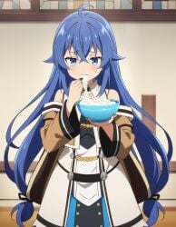 1girls ai_generated blue_eyes blue_hair blush bowl closed_mouth clothed cum cum_bowl cum_drip cum_in_bowl cum_in_container cum_in_mouth cum_on_face cum_on_hand drooling drooling_cum eating eating_cum female female_only morindar mushoku_tensei open_eyes roxy_migurdia small_breasts swallowing swallowing_cum