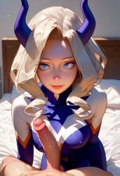 ai_generated blonde_hair blue_eyes cosplay demon_horns female starfire