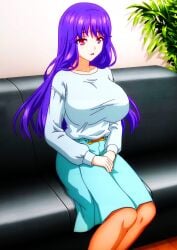 adult aqua_skirt bangs belt blue_skirt breasts clothing color_edit couch female female_focus female_only furniture hands_in_lap hands_on_lap hentai huge_breasts indoors large_breasts long_hair long_skirt long_sleeves looking_at_viewer mama_katsu_midareru_mama-tachi_no_himitsu open_mouth pink_eyes plant purple_eyes purple_hair saturated_colors sawai_kyouko screen_capture screencap screenshot screenshot_edit shirt sitting skirt solo solo_female solo_focus white_shirt