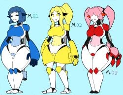 blue_eyes blue_hair cafe_risque child_bearing_hips gynoid monarch_breaker red_eyes red_hair reference_image robot robot_girl robot_humanoid yellow_eyes yellow_hair