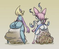 2019 anthro ass big_butt blue_body blue_bottomwear blue_clothing blue_skin blue_skirt blue_tail bottomwear clothed clothing cresselia duo eeveelution excessive_feces feces female fur generation_4_pokemon generation_6_pokemon hair heart_clothing heart_panties heart_symbol heart_underwear hyper hyper_feces hyper_soiling jubb legendary_pokemon looking_back nintendo panties pink_body pink_fur pink_hair pink_tail pokemon pokemon_(species) purple_body purple_bottomwear purple_clothing purple_eyes purple_skin purple_skirt scat scatplay signature skirt smile soiling soiling_underwear standing sylveon tail underwear wavy_mouth white_body white_clothing white_fur white_panties white_underwear yellow_head