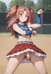 ai_generated arikawa_hime blue_eyes blush cheerleader dancing femboy flaccid flaccid_penis hair_ribbon himegoto jouthechou no_panties otoko_no_ko penis red_ribbon skirt smile testicles