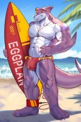 abs absurd_res anthro beach biceps bulge clothing digital_drawing_(artwork) digital_media_(artwork) fin fish glinfoxart hi_res male male_only marine muscular muscular_anthro muscular_male nipple_piercing nipple_ring nipples pecs piercing ring_piercing scar shark solo standing surfboard swimwear tail teeth