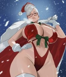 1girls ayase_seiko christmas christmas_outfit dandadan gilf glasses hintobento huge_breasts looking_at_viewer older_female santa_hat tagme