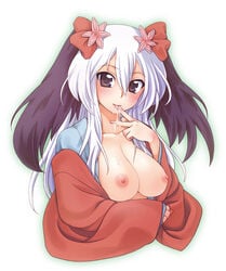 1girls breasts cum cum_in_mouth cum_on_breasts female female_only flower hair_flower hair_ornament highres hikabe_sakuho hs japanese_clothes kimono large_breasts long_hair multicolored_hair nipples open_mouth original solo solo_female tongue two_tone_hair