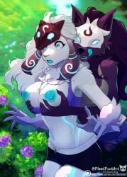 anthro areola blush bovid breast_grab breasts canid canine canis caprine clothed clothing female fleet-foot fur hand_on_breast heart kindred lamb_(league_of_legends) league_of_legends mammal mask nipples riot_games sheep tencent tongue white_body white_fur wolf wolf_(league_of_legends)
