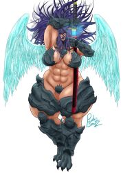 abs aoi_kage-no-on'na blue_hair dark-skinned_female muscular_female original original_character pandassmutz tagme wings