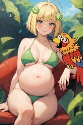 ahoge ai ai_generated beastiality big_belly bikini bird blonde_hair female green_eyes mellonn nickelodeon parrot pregnant sergio sitting the_casagrandes the_loud_house