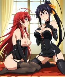 2females ai_generated akeno_himejima areolae big_ass black_clothing black_corset black_elbow_gloves black_hair black_latex black_lingerie black_skirt black_thighhighs corset curvy_female elbow_gloves erect_nipples female_only high_school_dxd large_breasts latex light-skinned_female lingerie long_hair red_hair rias_gremory short_skirt skirt thighhighs wakih yuri